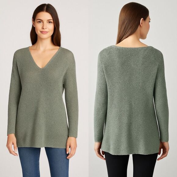 Peruvian Connection Sage Green Knit V-Neck Tunic Sweater M 100% Pima Cotton - Picture 12 of 14